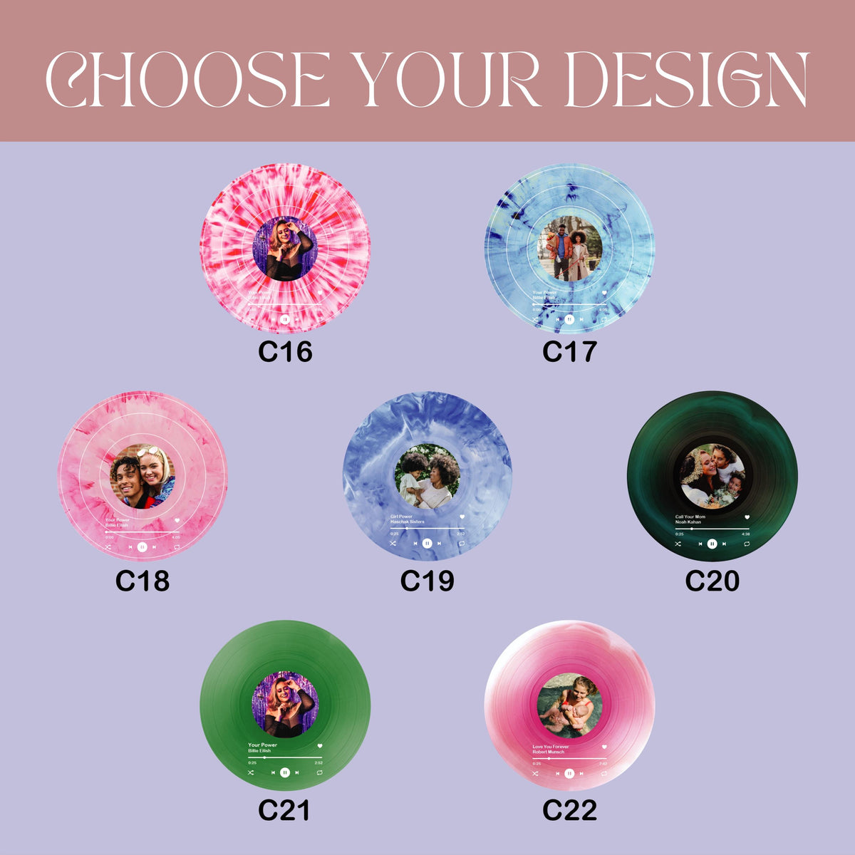 Six different vinyl record designs with a photo and music player interface. The designs include pink, blue, green, and white tie-dye patterns.