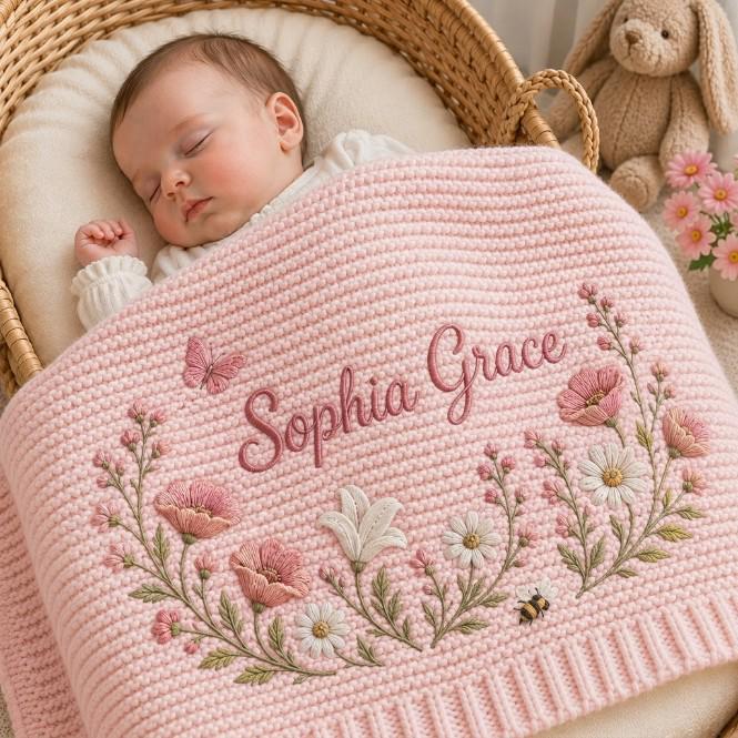A soft pink knitted baby blanket featuring embroidered floral motifs, a small butterfly, and a bee. The name Sophia Grace is stitched in cursive script across the center. The blanket has a ribbed border and a textured knit pattern.