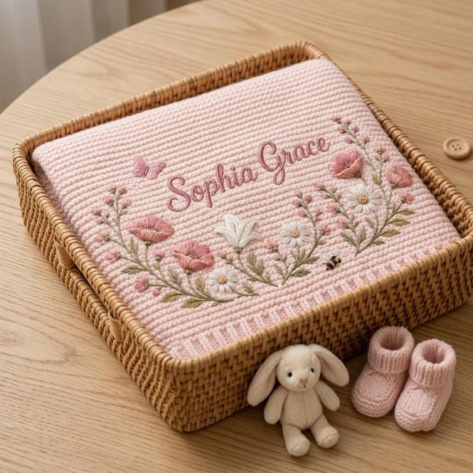 A light pink knitted blanket featuring embroidered floral motifs, a butterfly, and a small bee, with the name Sophia Grace stitched in cursive. The blanket is inside a woven rattan basket alongside a small plush rabbit and pink booties.