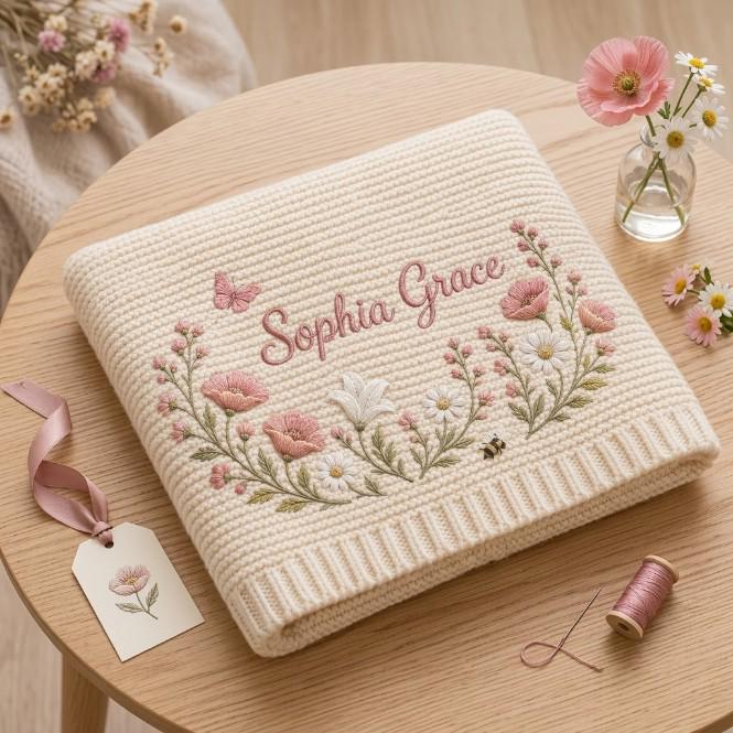 A cream-colored knitted baby blanket featuring an embroidered floral wreath with pink and white flowers, green leaves, a small butterfly, and a bee. The name Sophia Grace is embroidered in pink script in the center of the floral design.