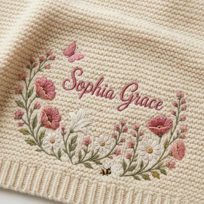 A cream-colored knit blanket featuring an embroidered floral wreath in shades of pink, white, and green. The design includes a small butterfly, a bee, and the name Sophia Grace stitched in a cursive pink font in the center.