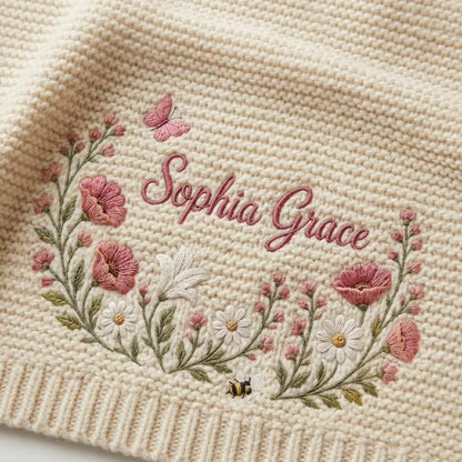 A cream-colored knit blanket featuring an embroidered floral wreath in shades of pink, white, and green. The design includes a small butterfly, a bee, and the name Sophia Grace stitched in a cursive pink font in the center.