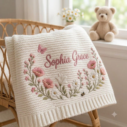 A cream-colored knit baby blanket featuring embroidered pink and white flowers, green leaves, a small butterfly, and a bee. The name Sophia Grace is stitched in pink cursive script in the center of the floral arrangement.