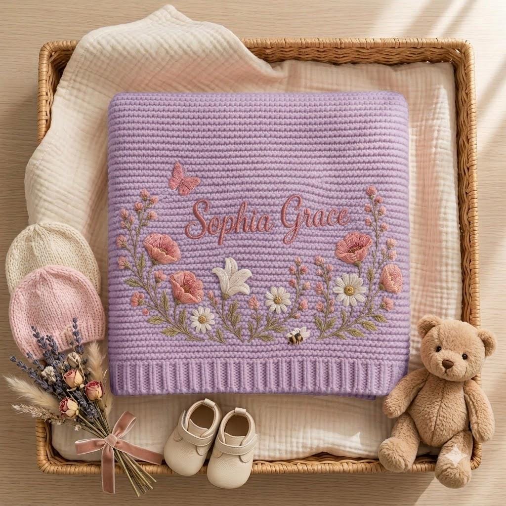 A lavender knitted baby blanket featuring the embroidered name Sophia Grace surrounded by pink and white floral motifs, a butterfly, and a bee. The set includes two small knitted hats, a pair of baby shoes, and a small teddy bear.