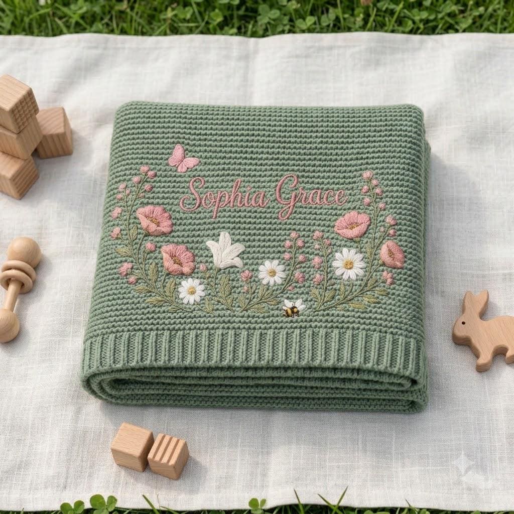 A sage green knitted baby blanket featuring an embroidered floral wreath with pink and white flowers, a small butterfly, and a bee. The name Sophia Grace is embroidered in pink script in the center of the floral arrangement.