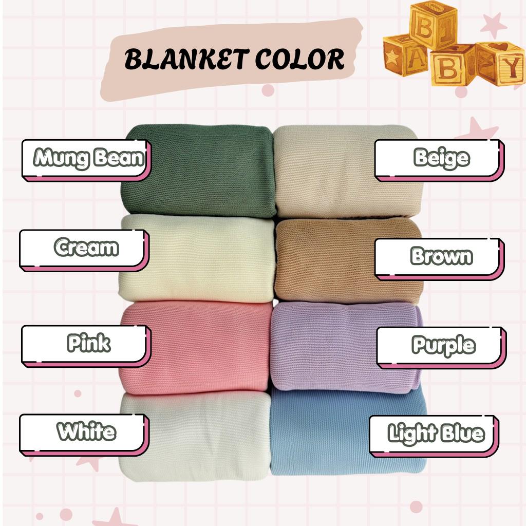 A collection of eight folded knit blankets arranged in two columns. The colors include mung bean, beige, cream, brown, pink, purple, white, and light blue. The image features the text BLANKET COLOR and labels for each color.