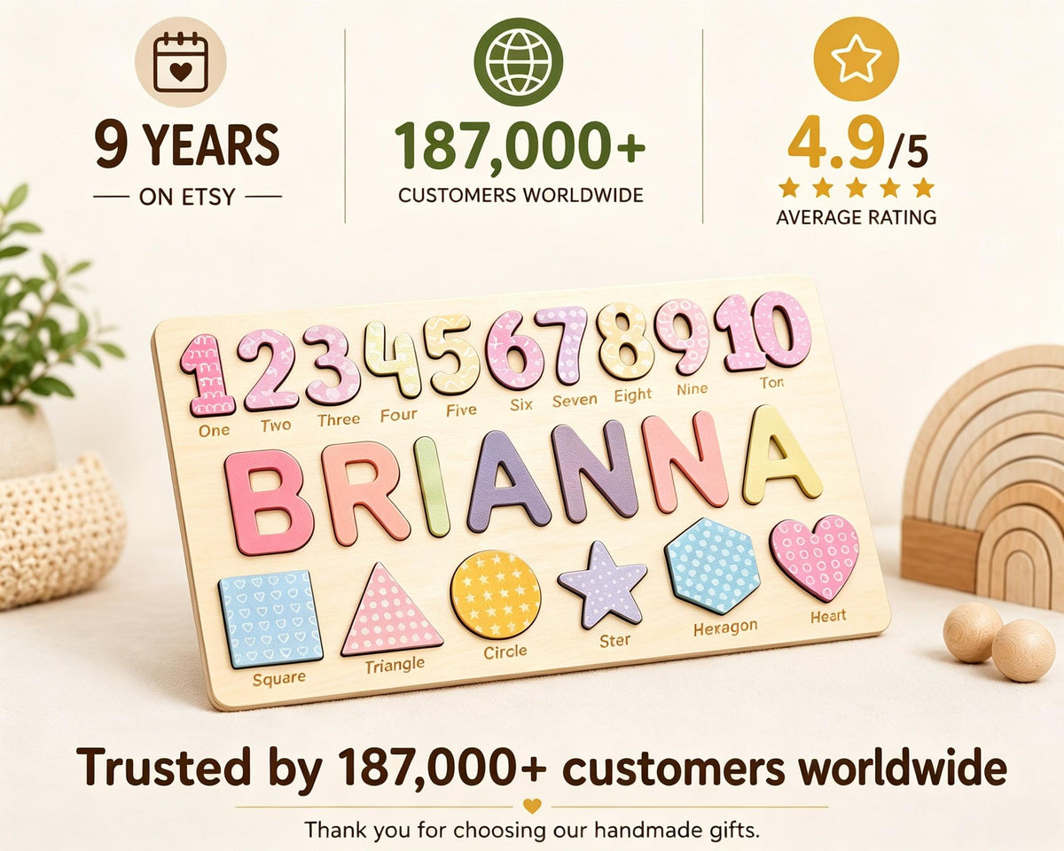 A wooden educational puzzle board featuring the name BRIANNA in large colorful letters, numbers one through ten, and six geometric shapes including a square, triangle, circle, star, hexagon, and heart, all with patterned surfaces.