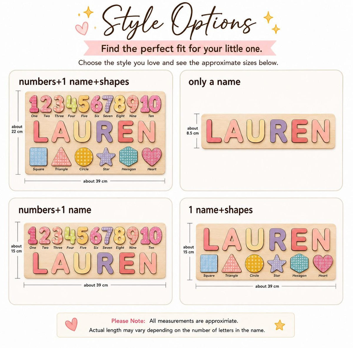 A wooden puzzle display showing four style options: numbers with name and shapes, name only, numbers with name, and name with shapes. The text reads Style Options, Find the perfect fit for your little one, and Please Note: All measurements are approximate.