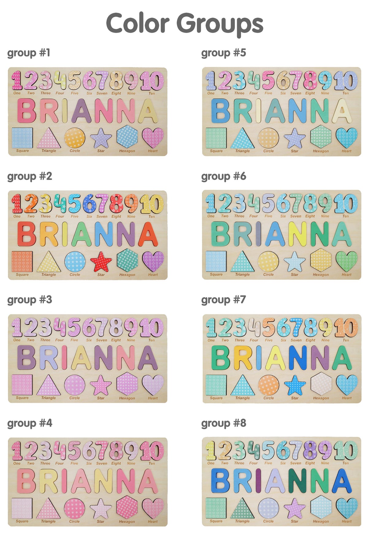 Eight wooden puzzle boards labeled group #1 through group #8. Each board features the numbers 1-10, the name BRIANNA, and six shapes including a square, triangle, circle, star, hexagon, and heart, all in various colors and patterns.