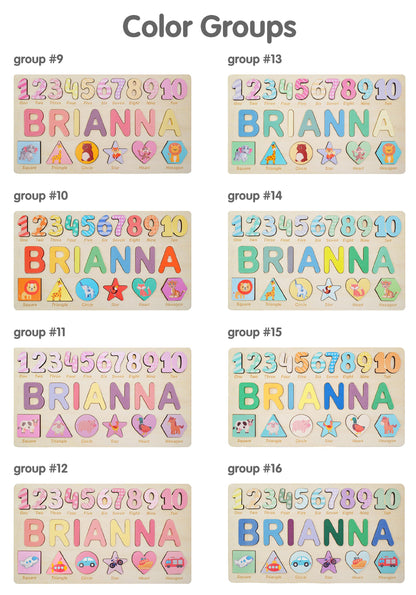 A collection of eight wooden educational puzzle boards labeled group 9 through 16. Each board features the numbers 1 through 10, the name BRIANNA in colorful letters, and six geometric shapes containing various animal and vehicle illustrations.