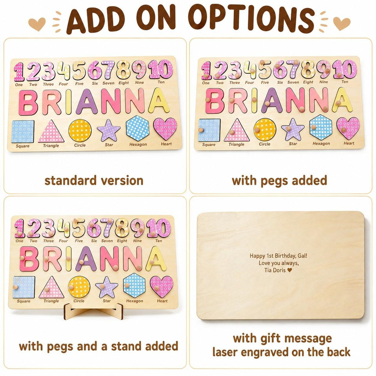A wooden educational puzzle board featuring the name BRIANNA, numbers one through ten, and various shapes including a square, triangle, circle, star, hexagon, and heart. Options include wooden pegs, a display stand, and a laser-engraved message.