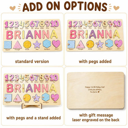 A wooden educational puzzle board featuring the name BRIANNA, numbers one through ten, and various shapes including a square, triangle, circle, star, hexagon, and heart. Options include wooden pegs, a display stand, and a laser-engraved message.