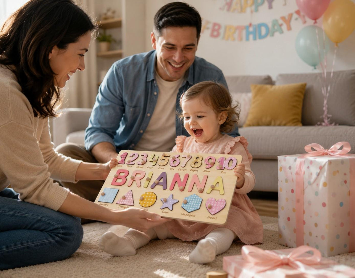 A wooden educational puzzle board featuring the name BRIANNA in colorful letters, numbers one through ten, and various geometric shapes with labels, designed for children to learn spelling, counting, and shape recognition.
