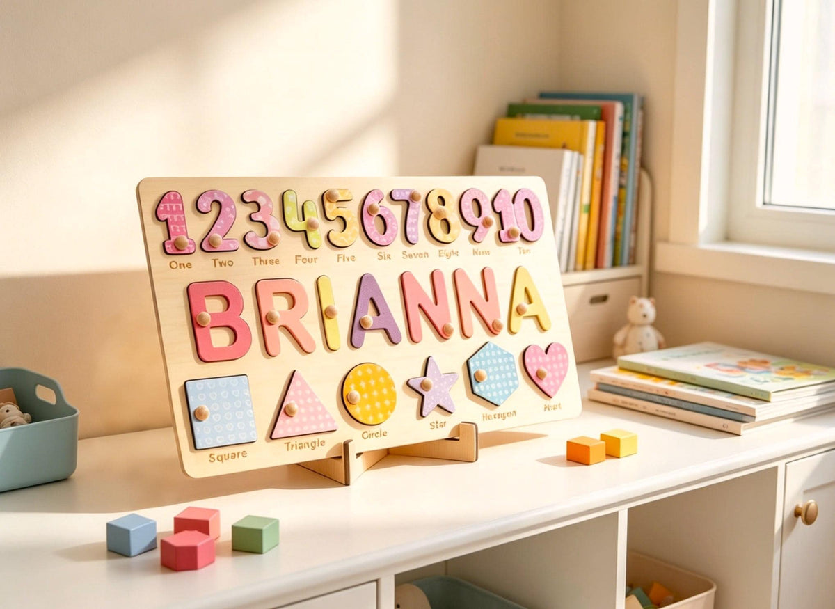 A wooden puzzle board featuring the name BRIANNA in large colorful letters, numbers one through ten, and six shapes including a square, triangle, circle, star, hexagon, and heart, each with a small wooden knob for easy handling.