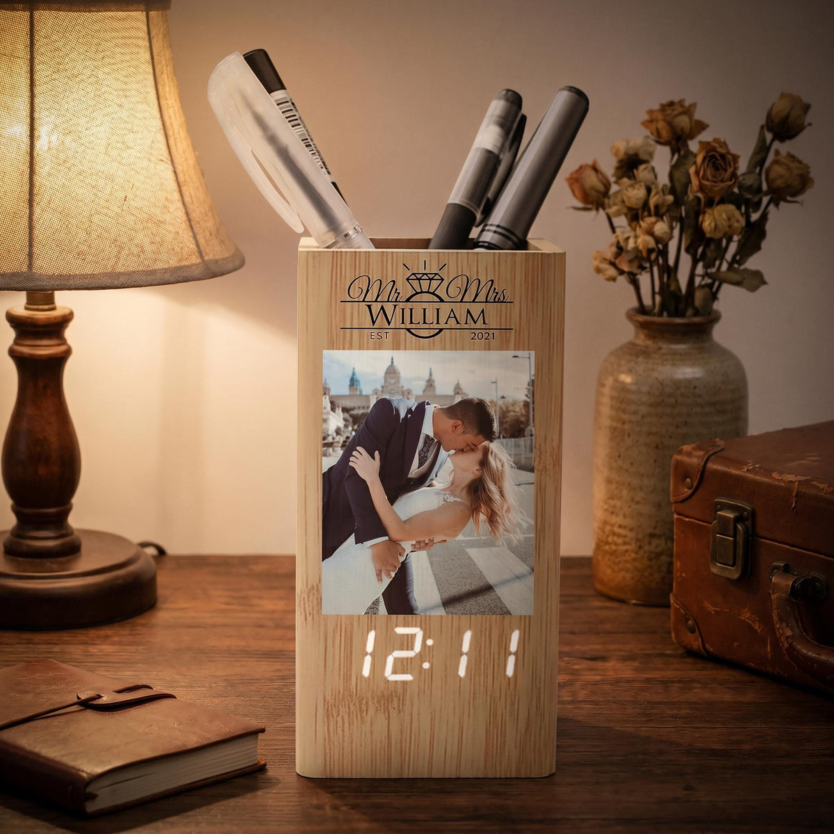 Photo Pen Holder Clock - Personalized Wooden Desk Organizer With LED Clock - Gift For Couples