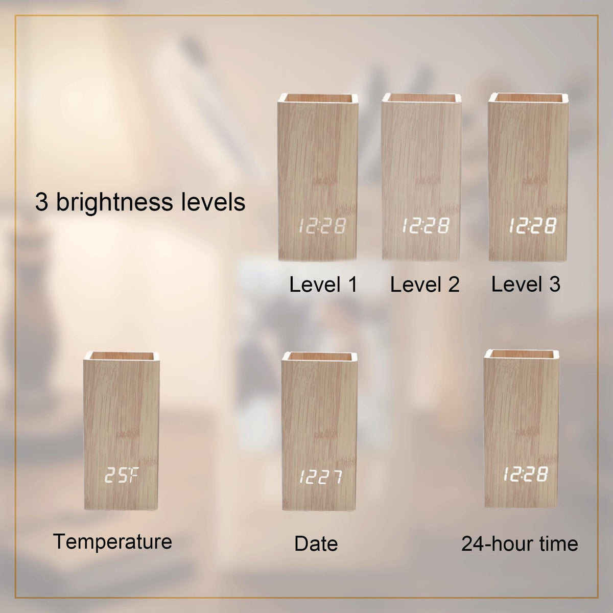 A light wood rectangular digital clock with a pen holder. The display shows 3 brightness levels, temperature in Fahrenheit, date, and 24-hour time. Text labels include 3 brightness levels, Level 1, Level 2, Level 3, Temperature, Date, and 24-hour time.