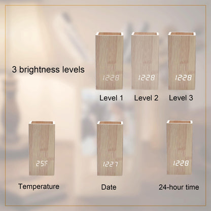 A light wood rectangular digital clock with a pen holder. The display shows 3 brightness levels, temperature in Fahrenheit, date, and 24-hour time. Text labels include 3 brightness levels, Level 1, Level 2, Level 3, Temperature, Date, and 24-hour time.