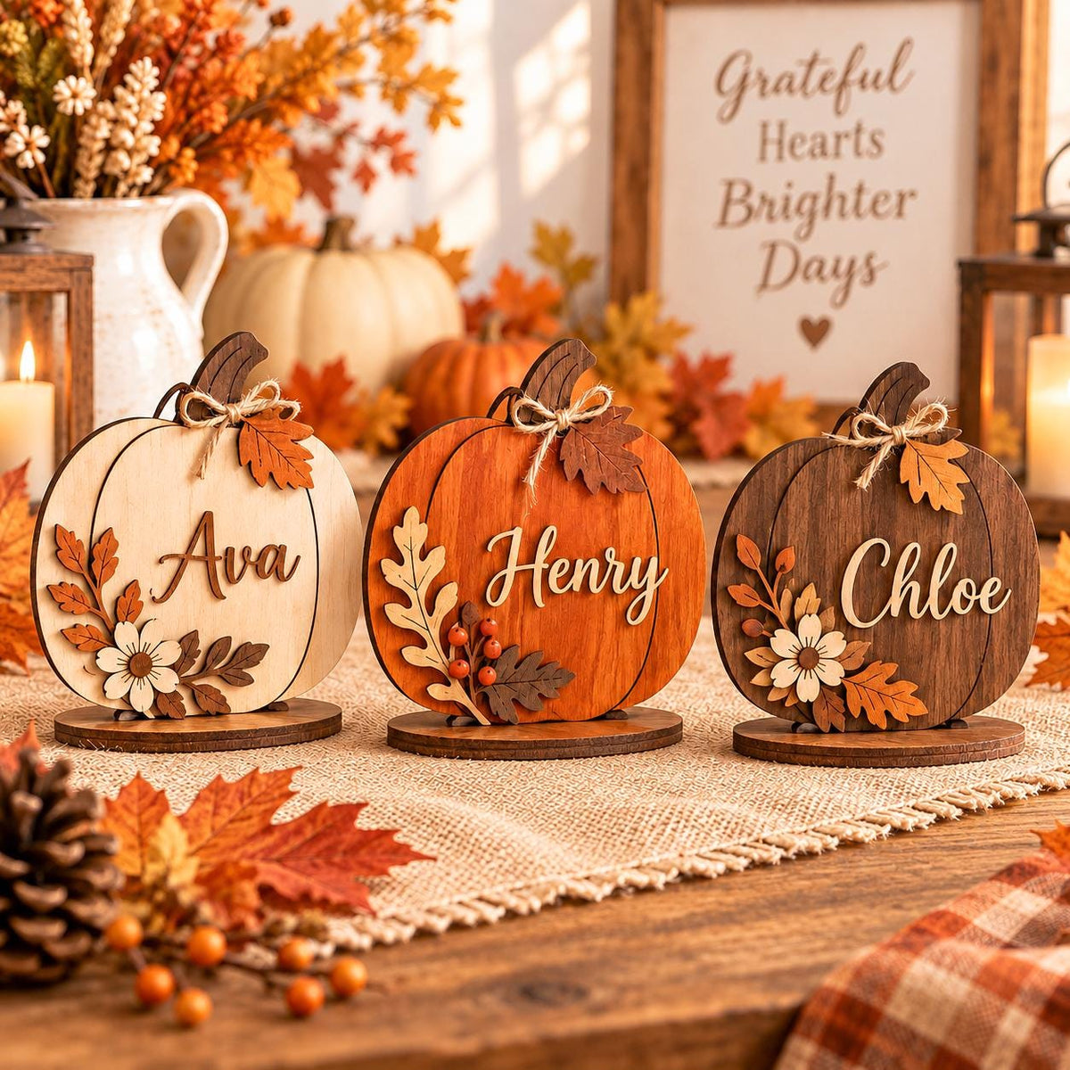 May include: Three wooden pumpkin-shaped ornaments on circular bases, each featuring a name in script font: Ava, Henry, and Chloe. Each pumpkin is decorated with layered wooden leaves, berries, and a flower, finished with a small twine bow.