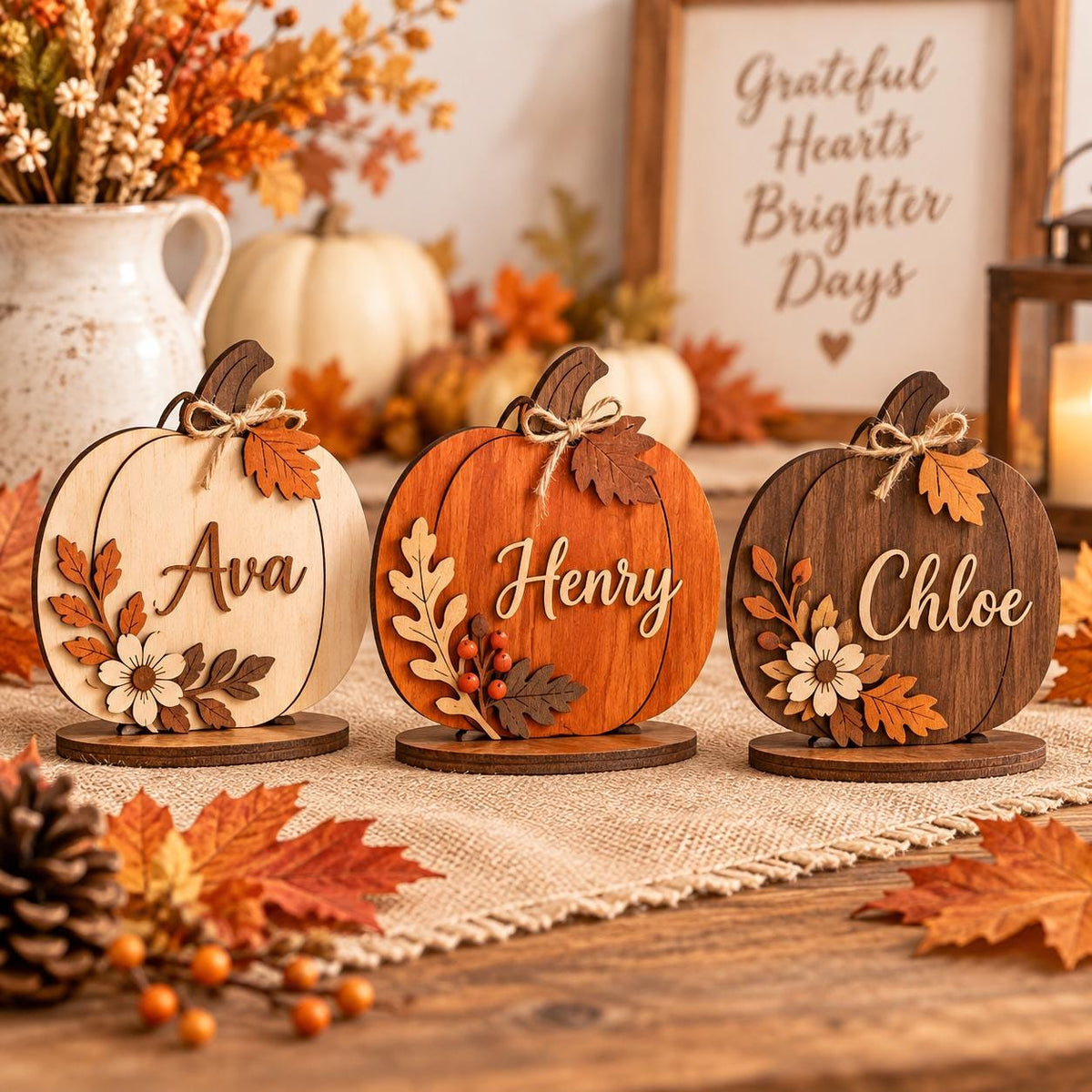 May include: Three wooden pumpkin-shaped decorations standing on circular bases. Each pumpkin features a unique wood tone, a twine bow, and layered leaf and flower cutouts. The names Ava, Henry, and Chloe are displayed in white script lettering.