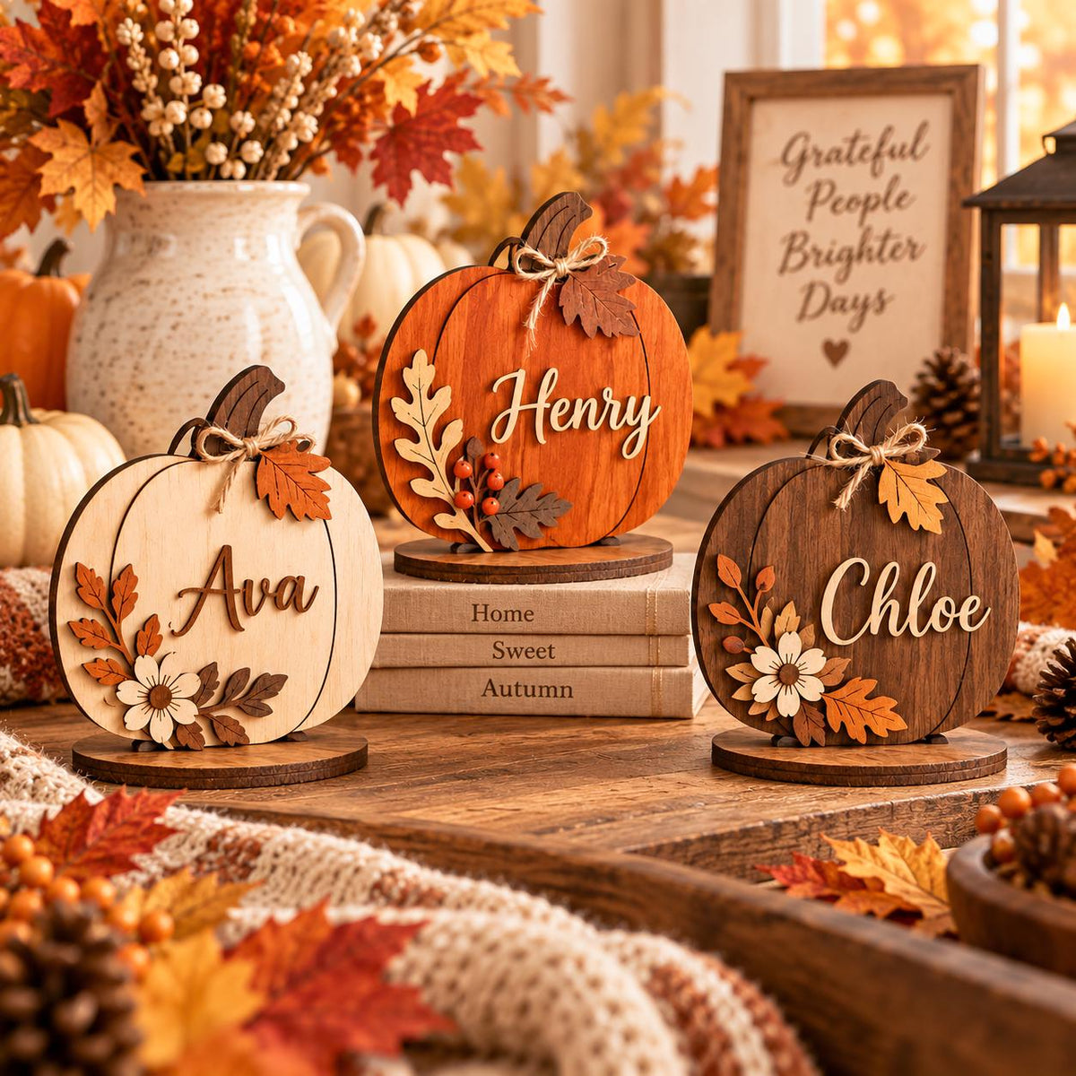 May include: Three wooden pumpkin-shaped decorations with circular bases, each featuring a name in script lettering: Ava, Henry, and Chloe. The pumpkins are finished in light, medium, and dark wood tones, adorned with small wooden leaves, flowers, and twine bows.