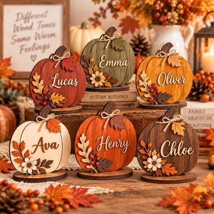 🍂 Personalized pumpkin-shaped wooden standing decor with custom name, autumn florals and warm fall colors. A cozy shelf, mantel or tabletop accent for Thanksgiving and the fall season.