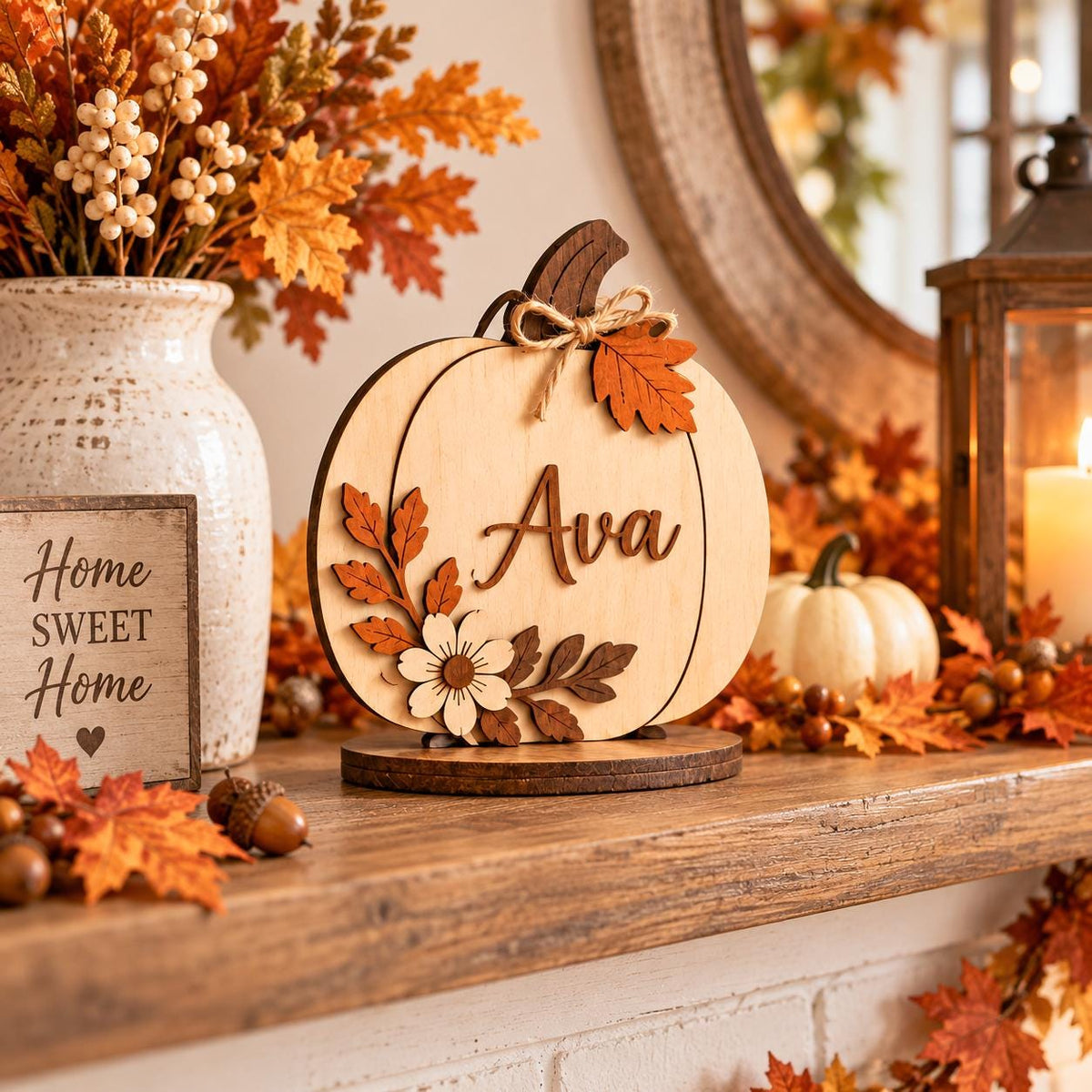 May include: A wooden pumpkin-shaped tabletop decoration featuring the name Ava in raised script lettering. The light-colored wood pumpkin is accented with a dark brown stem, a small jute twine bow, a single orange leaf, and a floral arrangement.