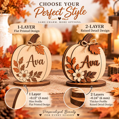 May include: Two wooden pumpkin decorations with the name Ava, featuring floral and leaf accents. One is a 1-layer flat printed design at 0.12 inches thick, and the other is a 2-layer raised detail design at 0.24 inches thick, both on round bases.