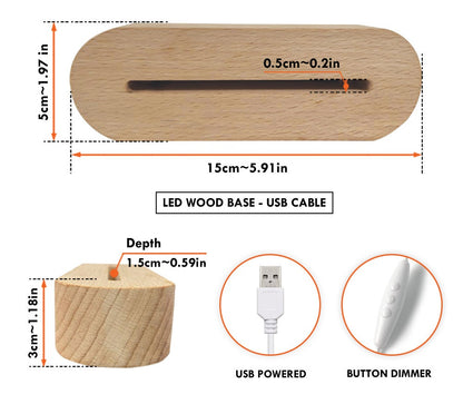 May include: A wooden phone stand with a USB-powered LED light. The stand is 5.91 inches long, 1.97 inches wide, and 1.18 inches deep. The stand has a slot for a phone and a button dimmer for adjusting the brightness of the light.
