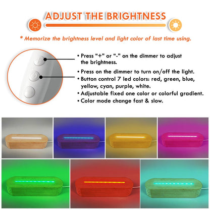 May include: A wooden base with a light strip that can be adjusted to different colors. The light strip can be set to a single color or a gradient. The light strip can also be set to change colors quickly or slowly. The base has a button to turn the light on and off, and buttons to adjust the brightness. The text on the image reads "ADJUST THE BRIGHTNESS * Memorize the brightness level and light color of last time using."