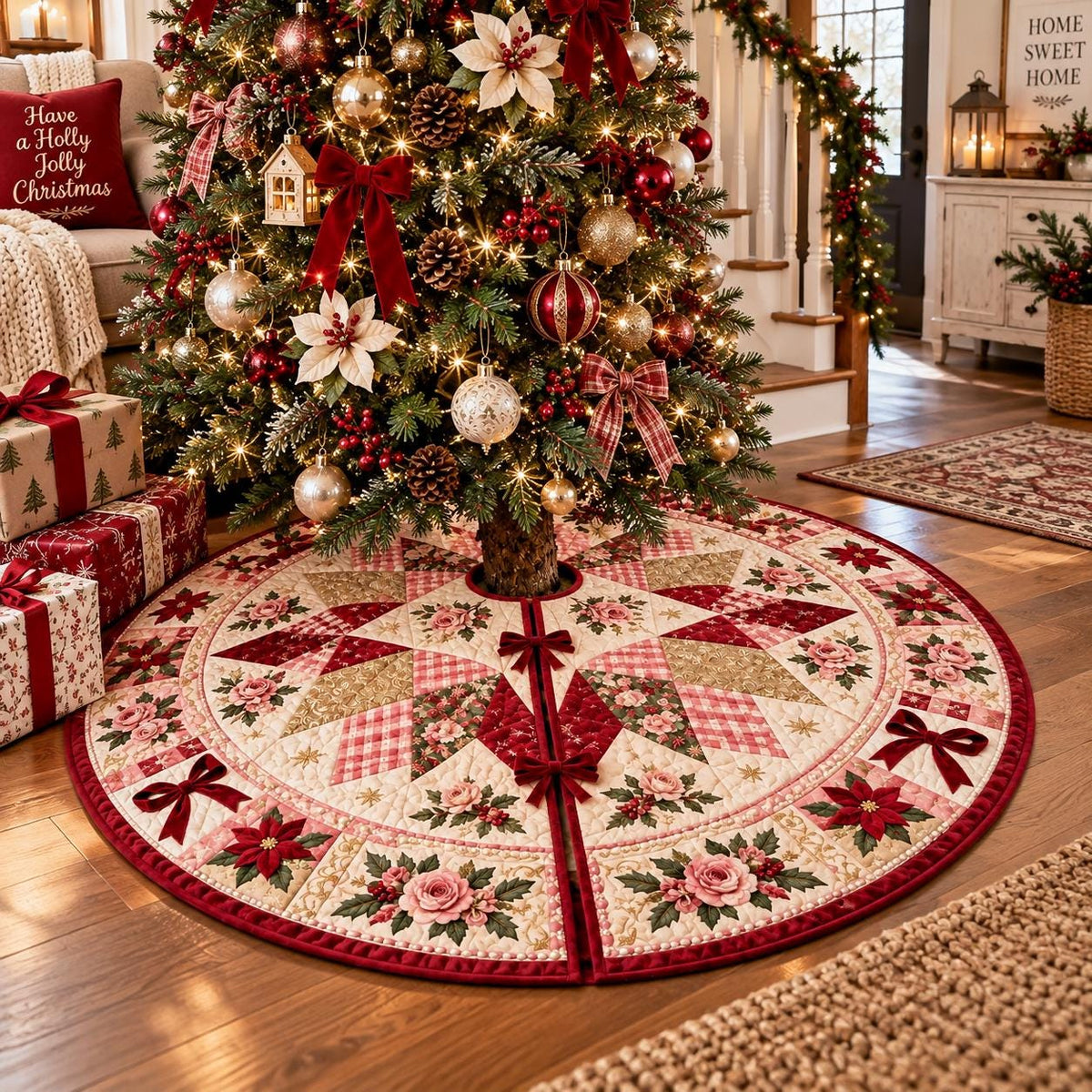 Pink Rose Christmas Quilted Table Runner - Poinsettia Gingham Patchwork Holiday Decor