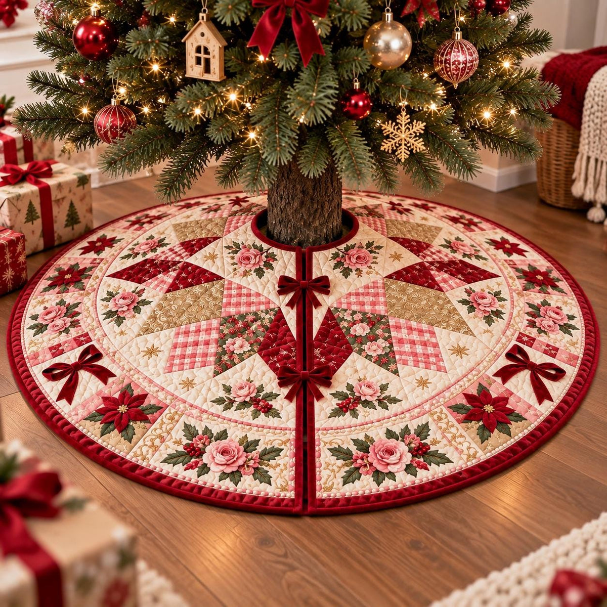 Pink Rose Christmas Quilted Table Runner - Poinsettia Gingham Patchwork Holiday Decor