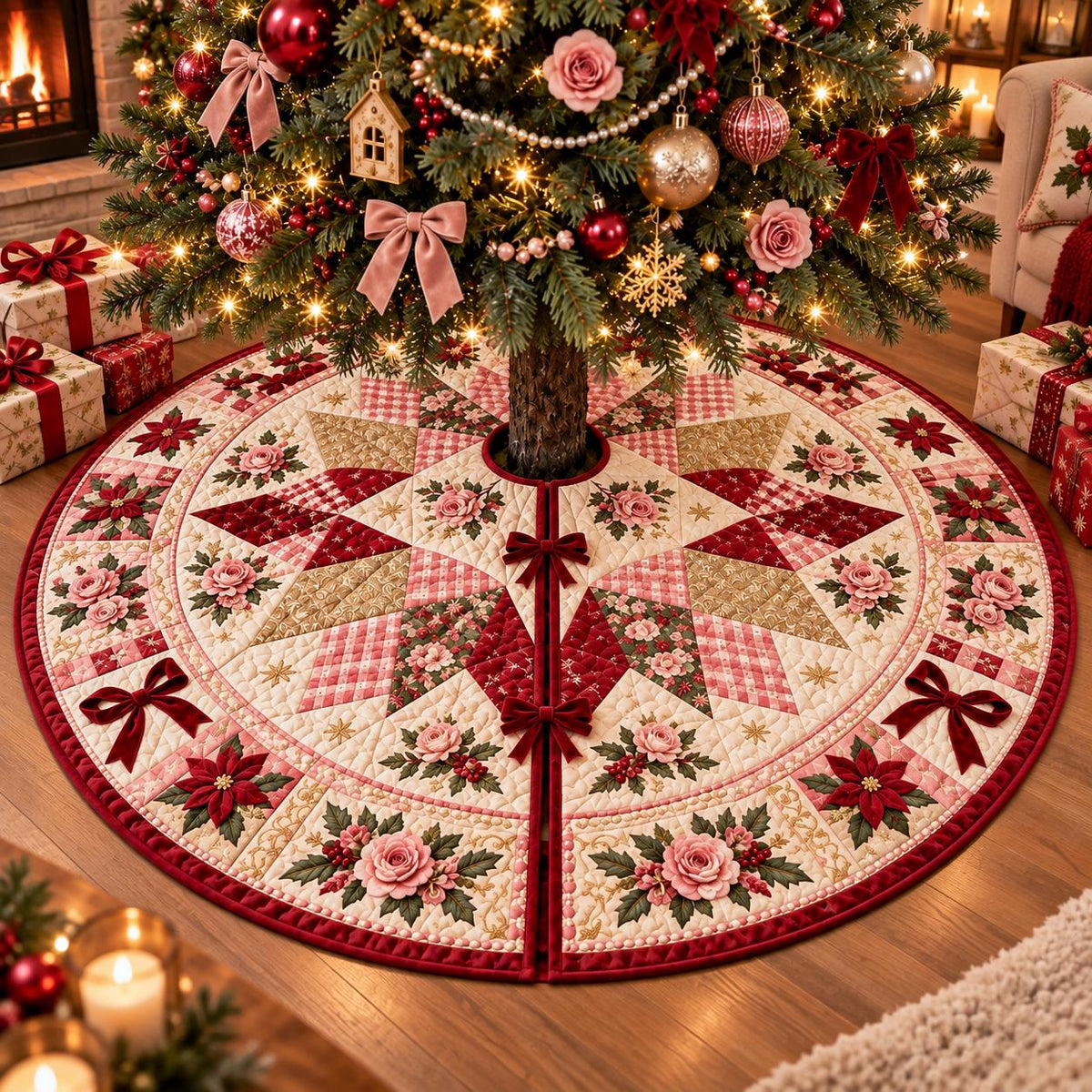 Pink Rose Christmas Quilted Table Runner - Poinsettia Gingham Patchwork Holiday Decor