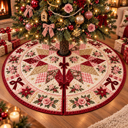 Pink Rose Christmas Quilted Table Runner - Poinsettia Gingham Patchwork Holiday Decor