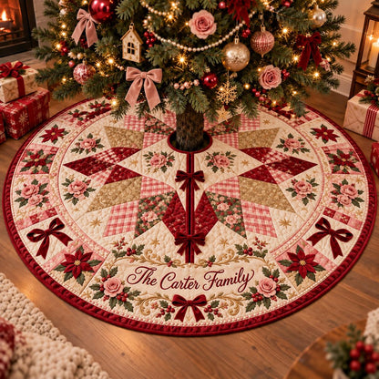 Pink Rose Christmas Quilted Table Runner - Poinsettia Gingham Patchwork Holiday Decor