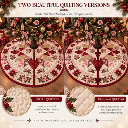 Pink Rose Christmas Quilted Table Runner - Poinsettia Gingham Patchwork Holiday Decor