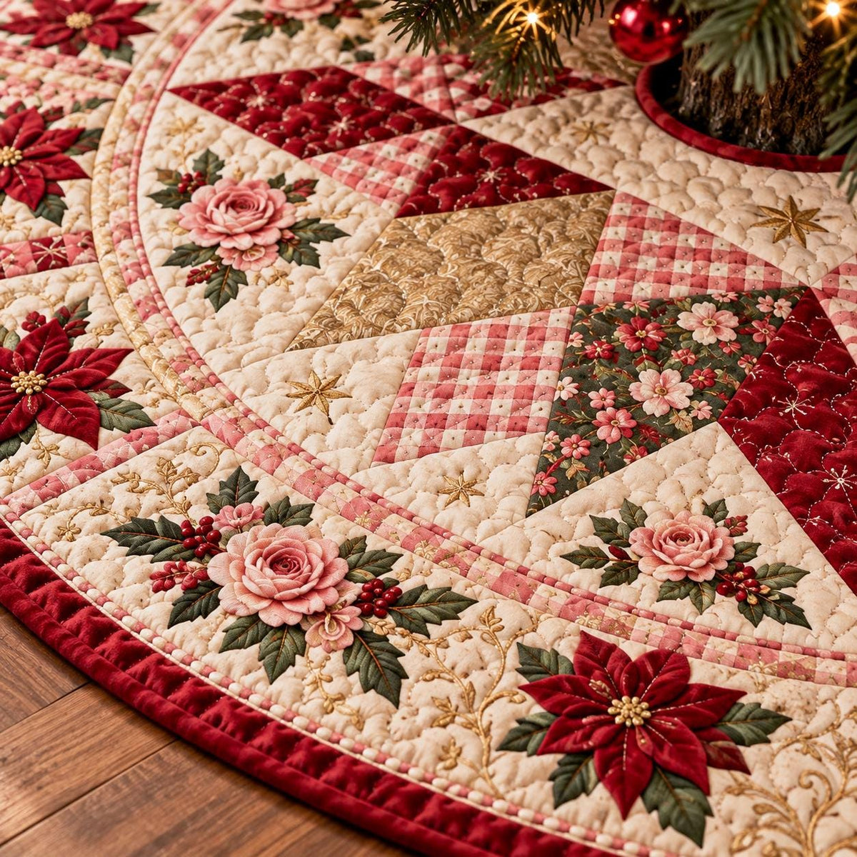 Pink Rose Christmas Quilted Table Runner - Poinsettia Gingham Patchwork Holiday Decor