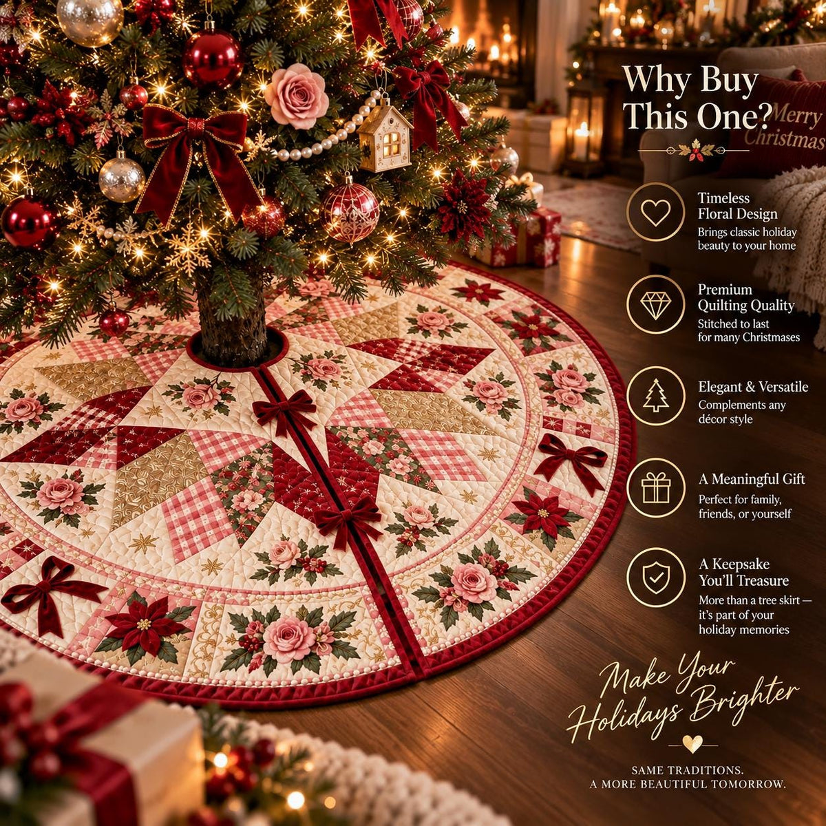 Pink Rose Christmas Quilted Table Runner - Poinsettia Gingham Patchwork Holiday Decor