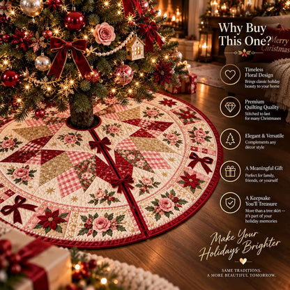 Pink Rose Christmas Quilted Table Runner - Poinsettia Gingham Patchwork Holiday Decor