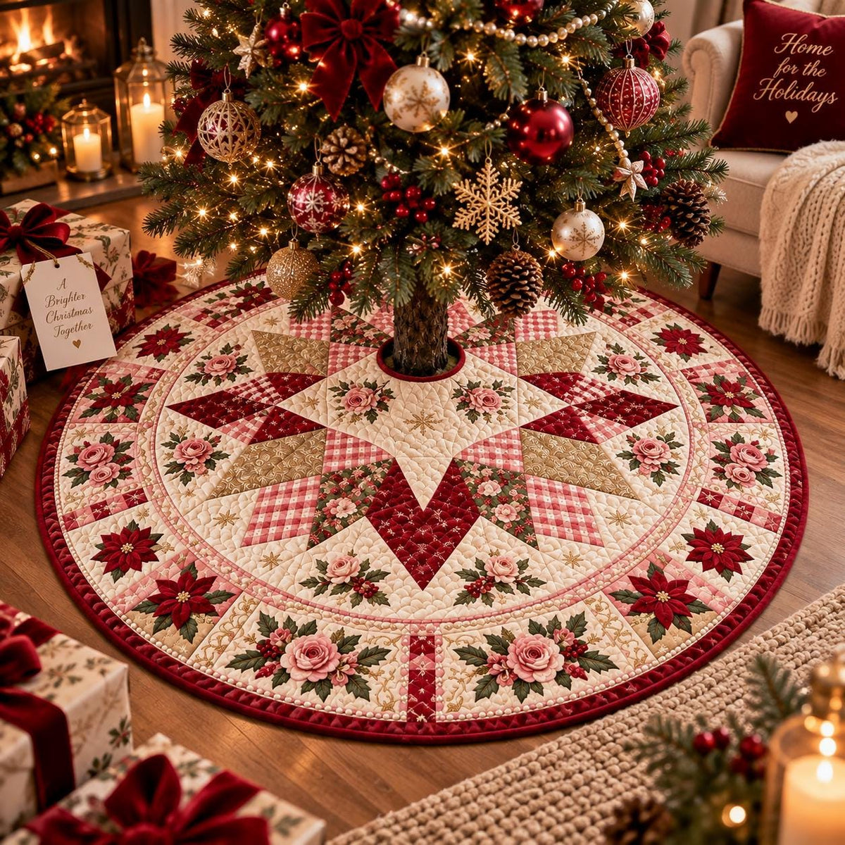 Pink Rose Christmas Quilted Table Runner - Poinsettia Gingham Patchwork Holiday Decor