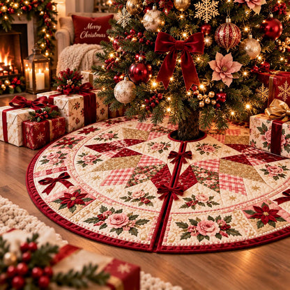 Pink Rose Christmas Quilted Table Runner - Poinsettia Gingham Patchwork Holiday Decor