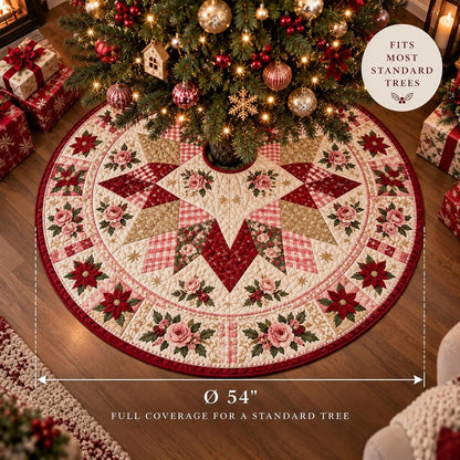 Pink Rose Christmas Quilted Table Runner - Poinsettia Gingham Patchwork Holiday Decor