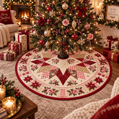 Pink Rose Christmas Quilted Table Runner - Poinsettia Gingham Patchwork Holiday Decor