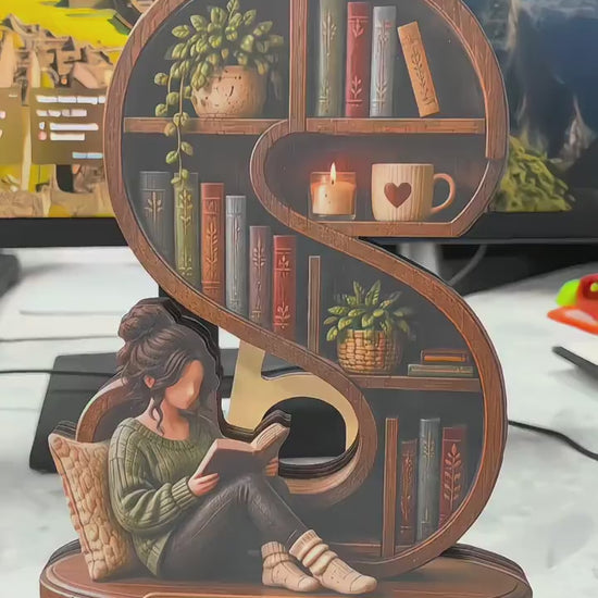 Reading Corner Initial Bookshelf Sign - Personalized Book Lover Wood Figurine - Gift For Readers & Bookworms