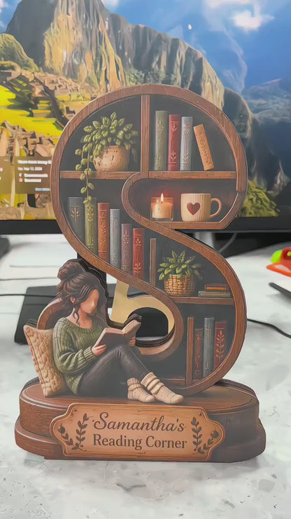 Reading Corner Initial Bookshelf Sign - Personalized Book Lover Wood Figurine - Gift For Readers & Bookworms