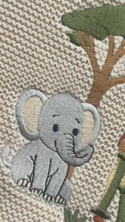 Safari Animals Embroidered Baby Blanket - Personalized Name Knit Blanket With Lion & Giraffe - Gift For Baby Boy