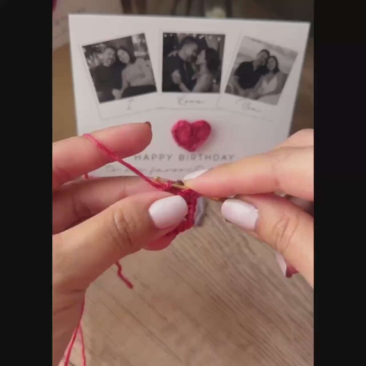 Crochet Heart Photo Birthday Card - Personalized 3-Photo Card - Gift For Husband Or Wife