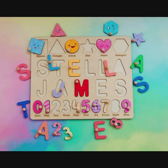 Wooden Name Puzzle With Numbers & Shapes - Personalized Toddler Learning Toy - Baby Keepsake Gift