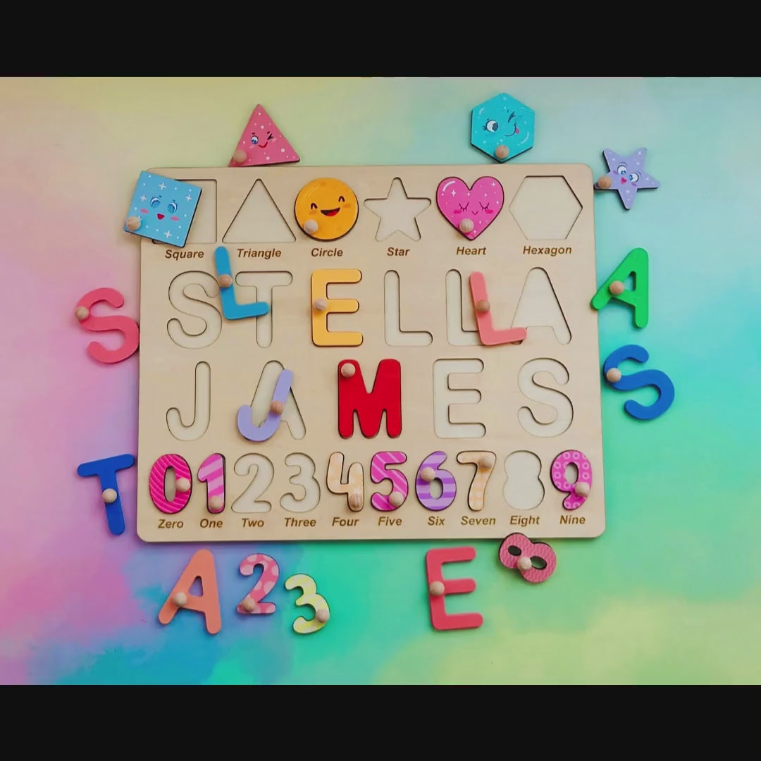 Wooden Name Puzzle With Numbers & Shapes - Personalized Toddler Learning Toy - Baby Keepsake Gift