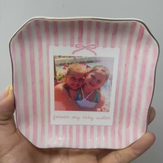 Striped Bestie Photo Jewelry Dish - Personalized Ceramic Ring Tray - Birthday Gift For Best Friend