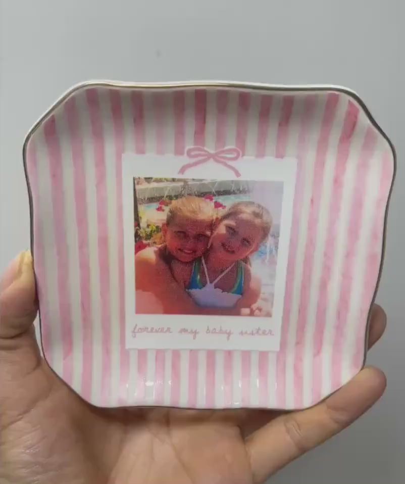 Striped Bestie Photo Jewelry Dish - Personalized Ceramic Ring Tray - Birthday Gift For Best Friend